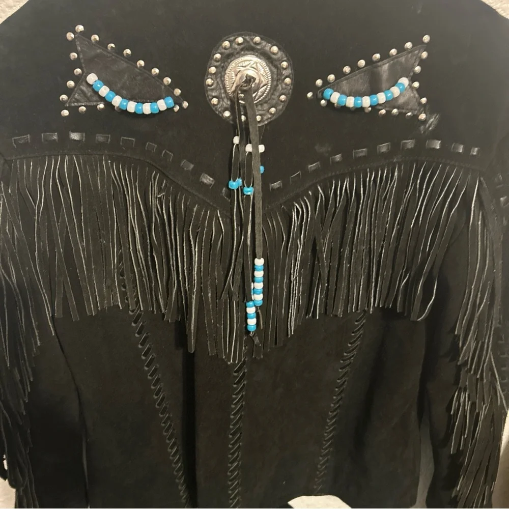 Black Suede Fringe Jacket with Beaded Accents - Picture 3 of 3